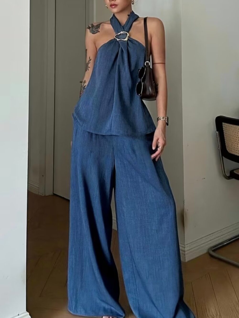 Two-Piece Vintage Coin Embellished Backless Halter Top And Wide-Leg Pants Set - Picture 4 of 5